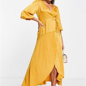 ASOS FULL SLEEVE WRAP MIDI DRESS - GOLD